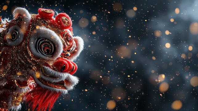 Chinese New Year lion dance in festive costume against dark background with glowing bokeh lights, celebrating cultural tradition, red and gold colors highlighting vibrant festive mood