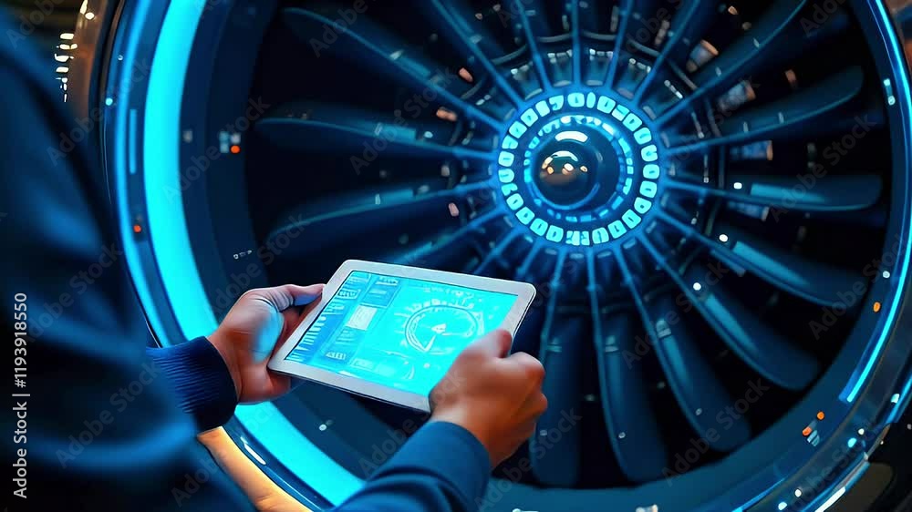 Wall mural a person monitors a jet engine's performance using a tablet interface.