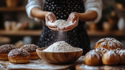 Baker sifting flour over pastries in a kitchen. Food preparation, bakery