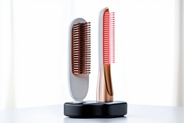 Futuristic red light therapy hair combs on charging stand.  Sleek design, modern technology.