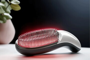 Futuristic red light therapy hairbrush for hair growth and scalp health.