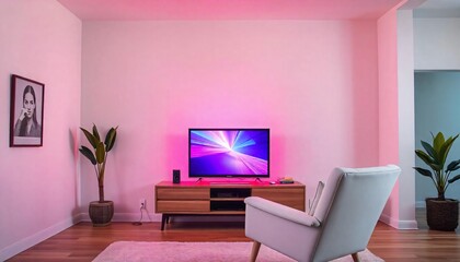 Modern Living Room Interior Design with Pink Ambient Lighting Flat Screen TV and Armchair