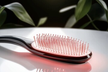 Futuristic hairbrush with red light therapy. Innovative hair care.