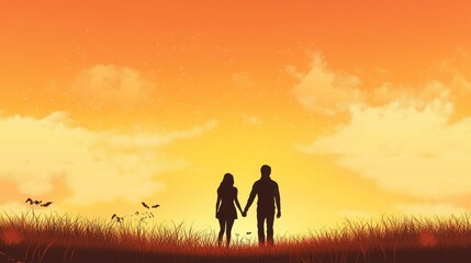 Fototapeta premium Silhouette of a young couple holding hands at sunset.