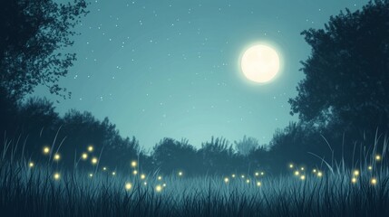 Magical night scene with fireflies illuminating a field under a full moon.