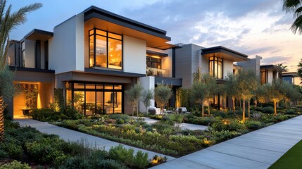 Luxury Modern Homes at Dusk:  An Architectural Masterpiece in a Tranquil Setting