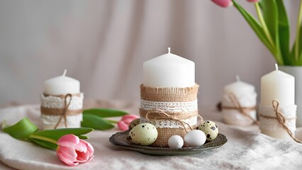 Rustic Candles with Burlap and Lace Decor, Quail Eggs, and Tulips