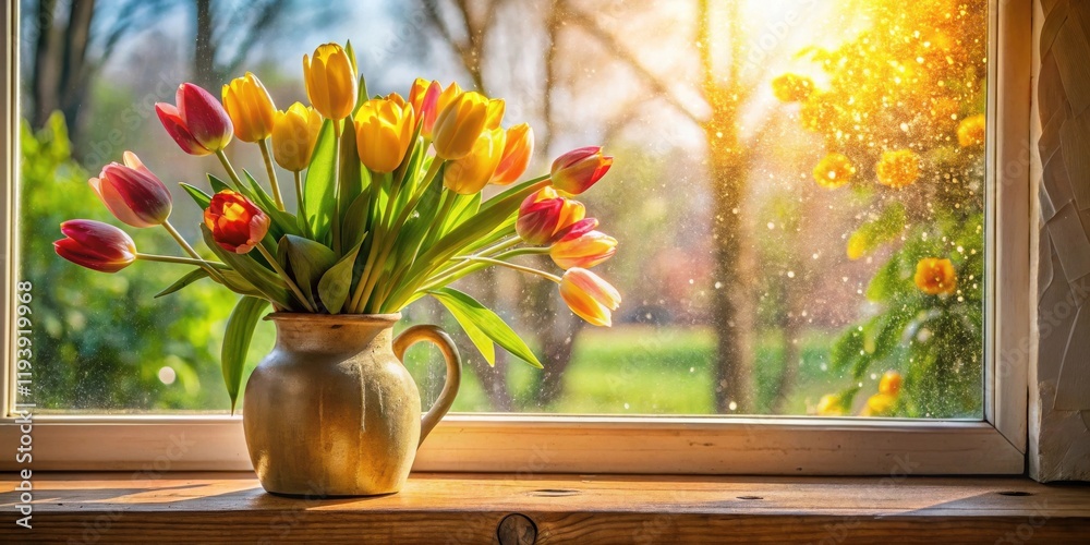 Poster sunlit spring tulips in rustic vase on windowsill