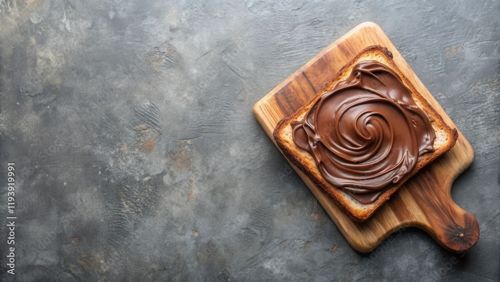 Poster a single slice of toasted bread topped with a swirl of rich chocolate spread, served on a rustic woo