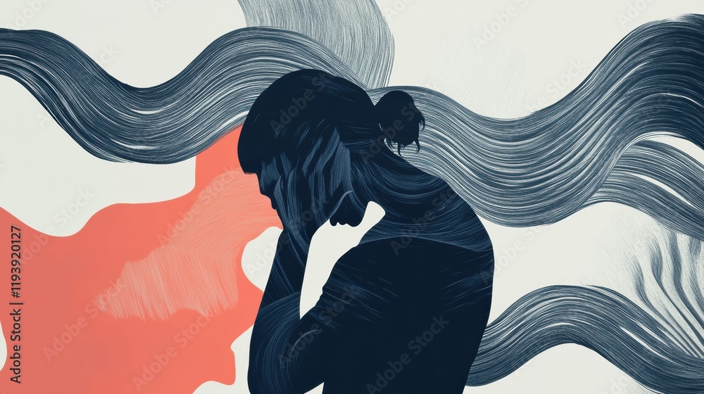 Fototapete person experiencing pain with hands on head among abstract waves and geometric shapes in a colorful 