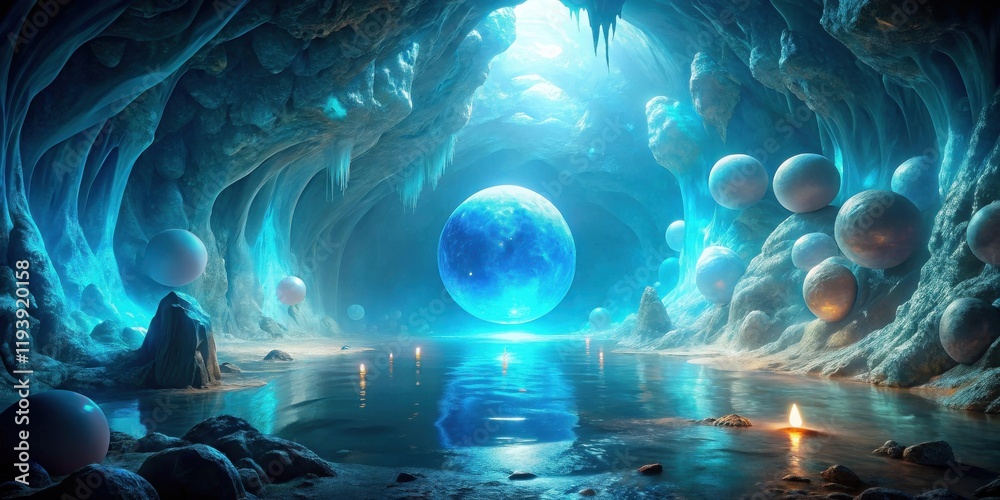 Poster enigmatic subterranean seascape with luminescent spheres and a glowing orb