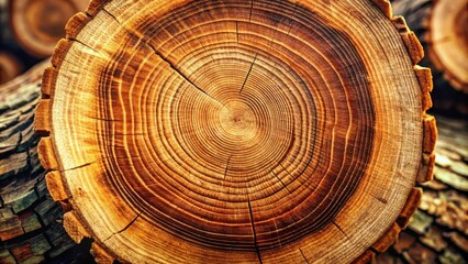 Close-up view of a tree trunk cross-section, revealing intricate growth rings and natural wood texture