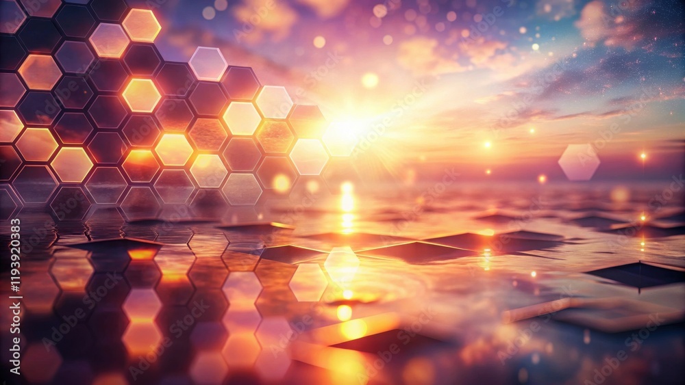 Poster abstract sunset with hexagon pattern reflection on water