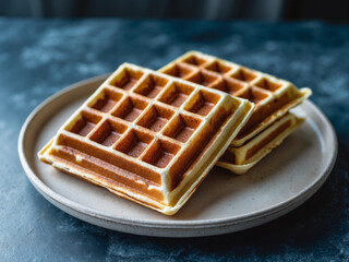 Close-up of golden, crispy square waffles stacked on a beige ceramic plate, with a textured background.