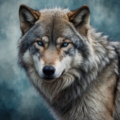 Obraz premium A watercolor-style wolf, its fur painted with soft blue and gray tones.