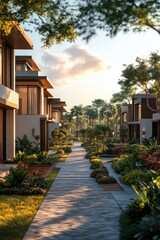 Fototapeta premium Luxury Villas: Serene Pathway at Sunset
