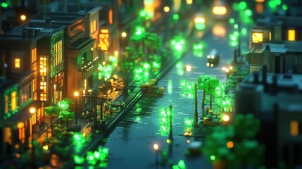 Fototapeta premium Vibrant nighttime cityscape with glowing neon lights rainy street blurred transportation and reflections creating a lively and atmospheric urban landscape