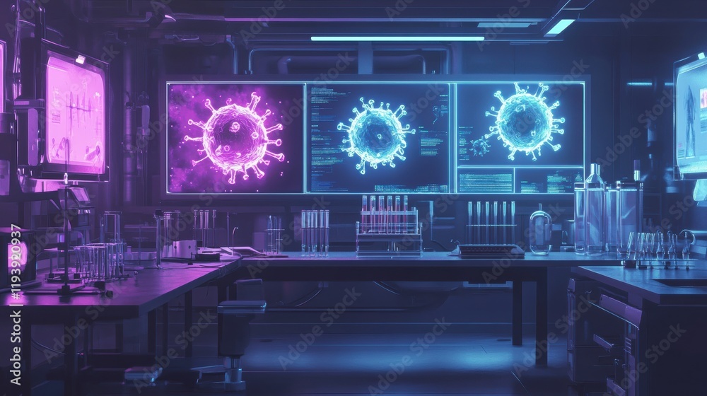 Fototapete modern laboratory showcasing advanced research on viruses with glowing displays and test tubes. gene