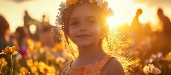 Fototapeta premium Radiant young girl with a joyful smile surrounded by a vibrant field of colorful flowers basking in the warm glowing embrace of the setting sun
