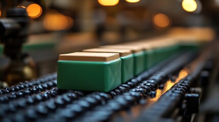 Industrial Production Line Featuring Green and Brown Stacked Blocks Moving Along a Conveyor Belt with Blurred Background and Warm Lighting