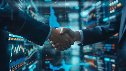 Close up of two businesspeople shaking hands on abstract glowing forex chart background
