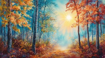 Autumn forest path, sunlit, colorful trees, scenic landscape, for backgrounds, posters