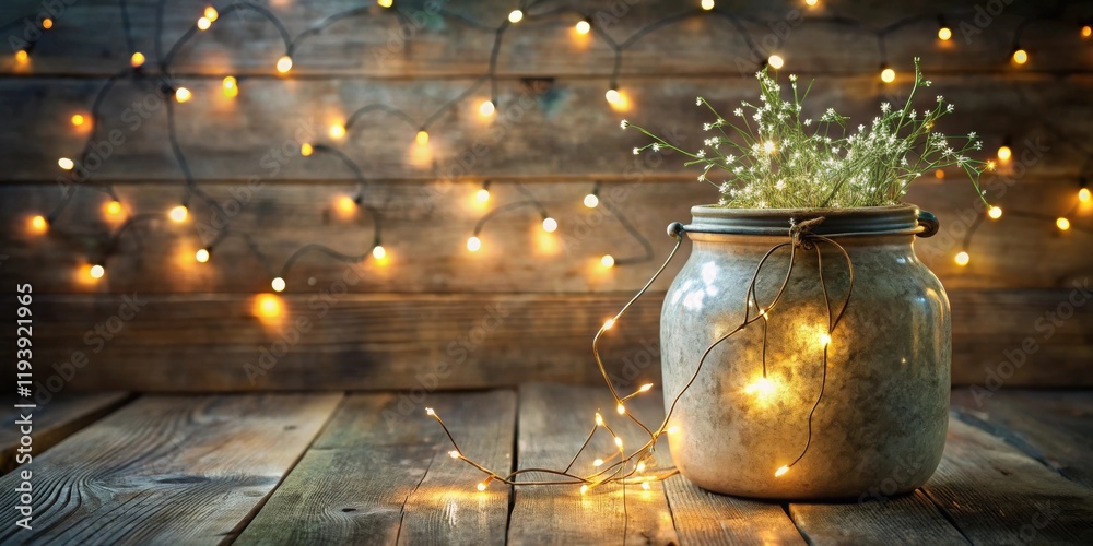 Poster rustic charm a stoneware jar filled with delicate wildflowers illuminated by warm fairy lights on a 