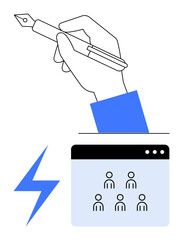 Hand holding a pen with a writing gesture, online meeting interface showing users, and blue lightning bolt. Ideal for creativity, teamwork, innovation, collaboration, design, brainstorming digital