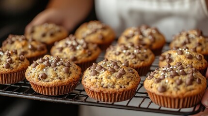 Chocolate chip muffins baking tray kitchen closeup