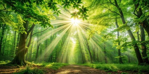 Obraz premium Sunbeams Illuminate a Path Through a Lush Green Forest