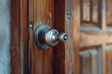 Obraz premium Closeup of a wooden door handle with a keyhole.