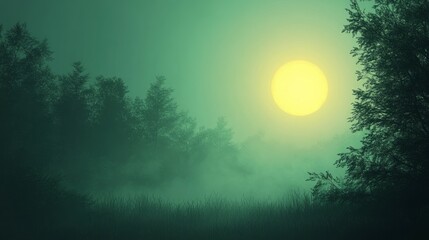 Fototapeta premium Misty forest scene with a large, bright moon in the sky. An ethereal, mysterious mood.