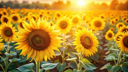 Obraz premium Golden Hour in a Sunflowers Field Vibrant Yellow Blossoms Basking in the Warm Sunset Light