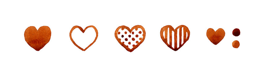 ブラウンのハートマークのセット　かわいい手書き水彩イラスト素材