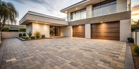 Fototapeta premium Modern home exterior showcasing a spacious driveway and contemporary architecture