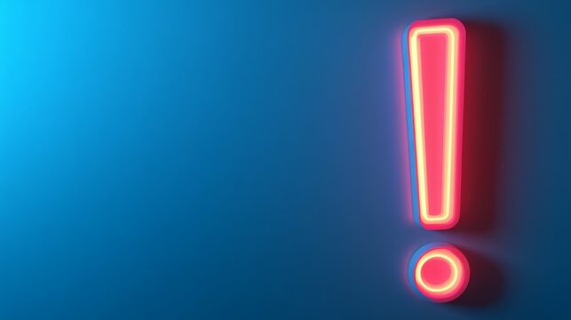 Bright pink exclamation point glows against a blue background.