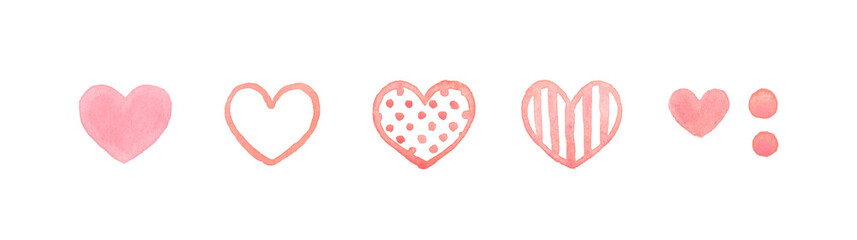 ピンク色のハートマークのセット　かわいい手書き水彩イラスト素材