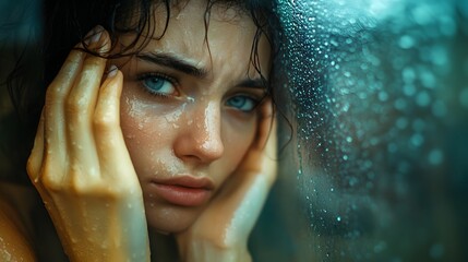A woman leaning against a window with her hands pressed against the glass, her expression distant and pained, rain streaming down the window