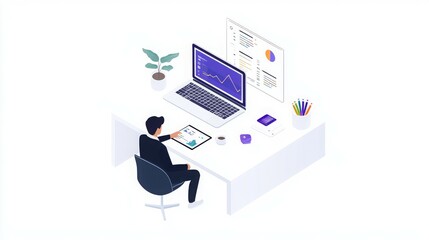 A person working at a desk with a laptop, tablet, and data visualizations.