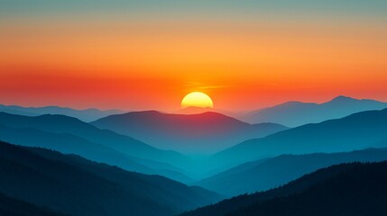 Vibrant sunset over layered blue mountains. (1)