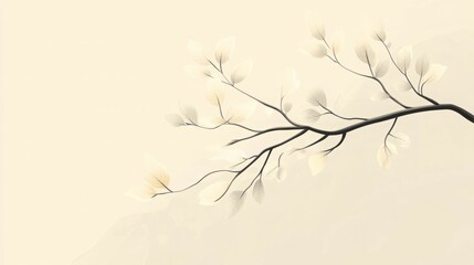 Fototapeta premium Elegant branch with delicate, pale leaves against a soft beige background. Minimalist nature art.