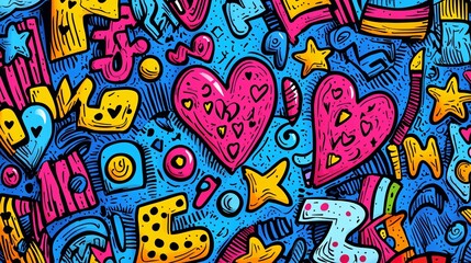 Vibrant doodle art background with hearts, stars, and letters.