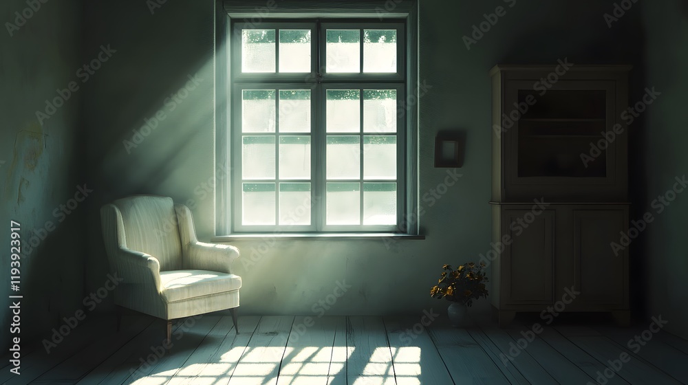 Poster a dimly lit room with a single window, the light casting harsh shadows on empty furniture, emphasizi