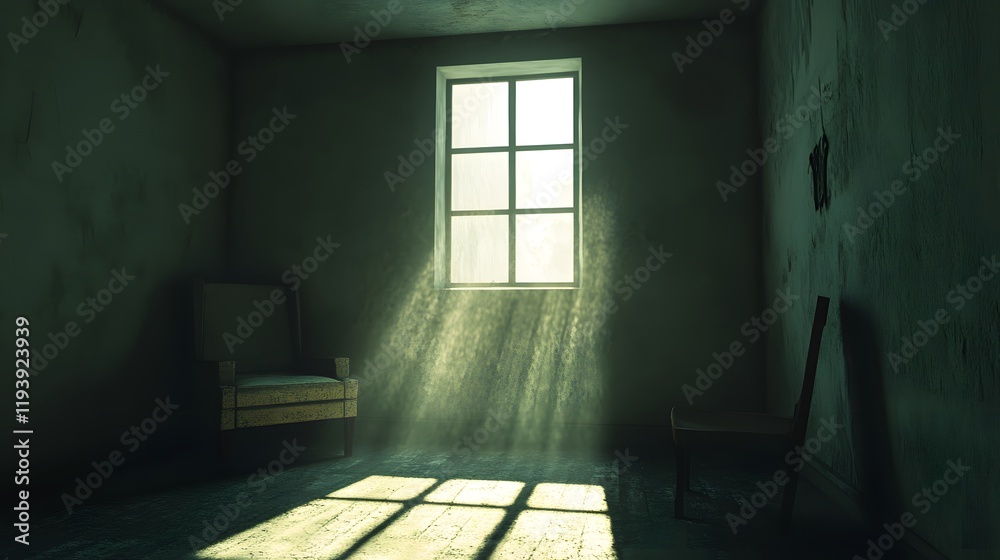 Poster A dimly lit room with a single window, the light casting harsh shadows on empty furniture, emphasizing isolation