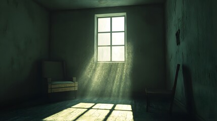 A dimly lit room with a single window, the light casting harsh shadows on empty furniture, emphasizing isolation
