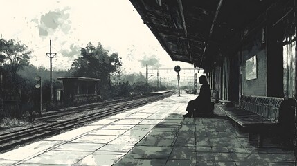 A desolate train station with a single person sitting on the bench, their posture heavy with sorrow, the environment quiet and empty