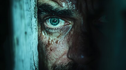 A man s face in extreme close-up, his brows furrowed in pain, tears pooling in his eyes, stubble-covered jaw trembling, illuminated by a single shaft of light from a cracked door