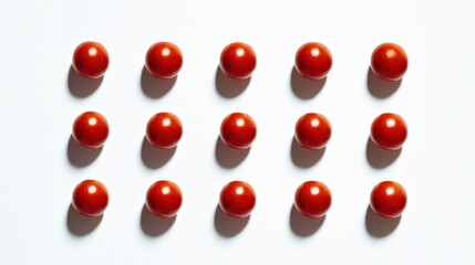 Arrangement of Red Glossy Spheres on a Clean Surface Creating a Bold Visual Impact with Playful Geometric Patterns and Soft Shadows Enhancing the Aesthetic Appeal