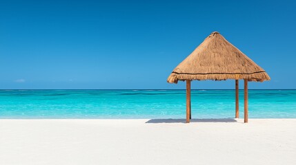 Tropical beach hut on white sand, turquoise ocean under a vibrant blue sky.