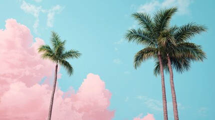 Three palm trees against a pastel pink and blue sky with clouds.